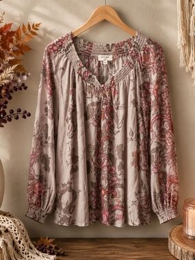 Cream Size 42 Floral Boho Viscose Peasant Blouse Pink Taupe Long Sleeve